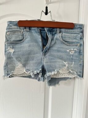 American Eagle Outfitters Light Blue Distressed Denim Shorts with Lace